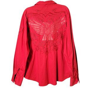 Victorious Mens Red Wings Embroidered Rhinestone Long Sleeve Button Up Shirt 2X